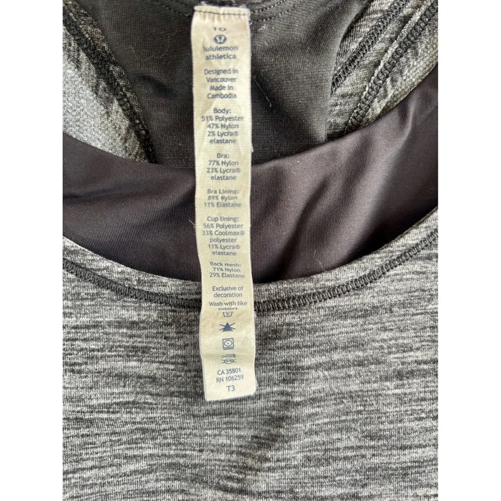Lululemon Athletica 2-in-1 Tank Top Built-in Bra Space Dye Grey Racerback SZ 10
